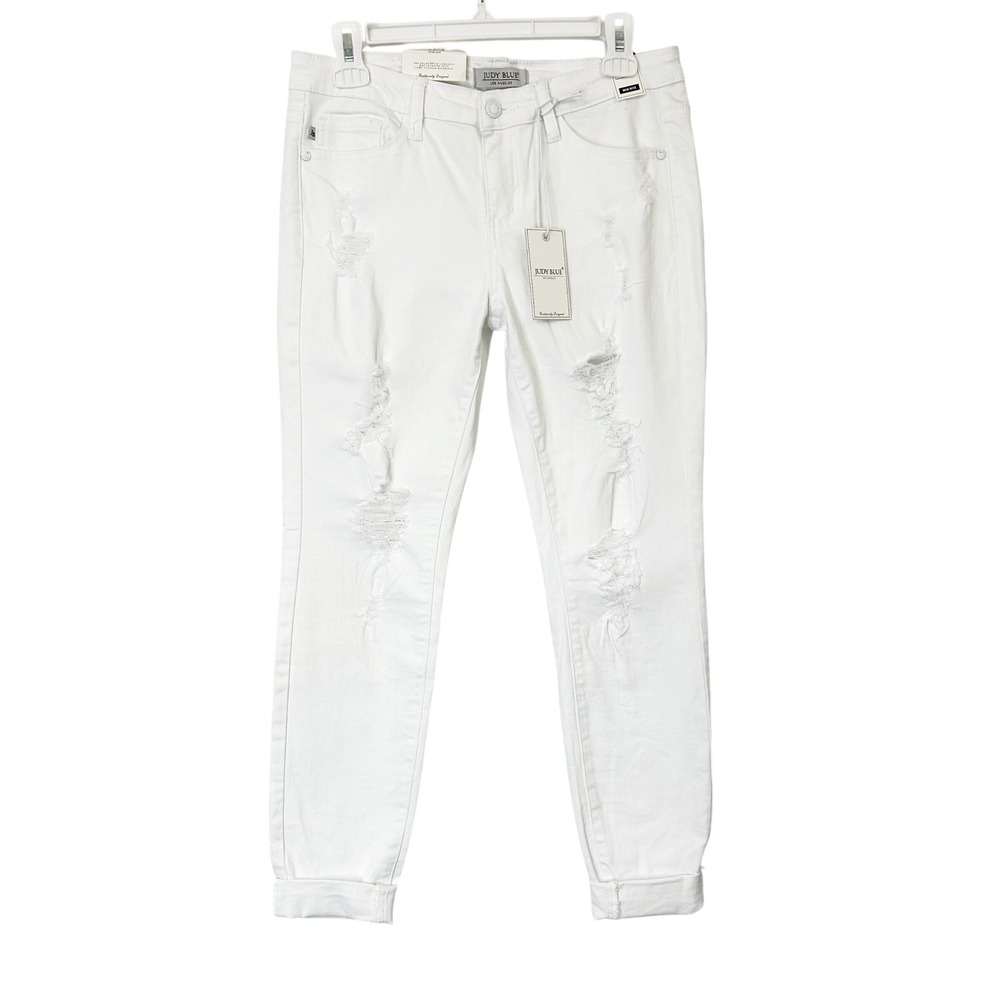NEW Judy Blue Mid Rise Skinny Fit Jeans Women's 28 White Cuffed Ankle Distressed